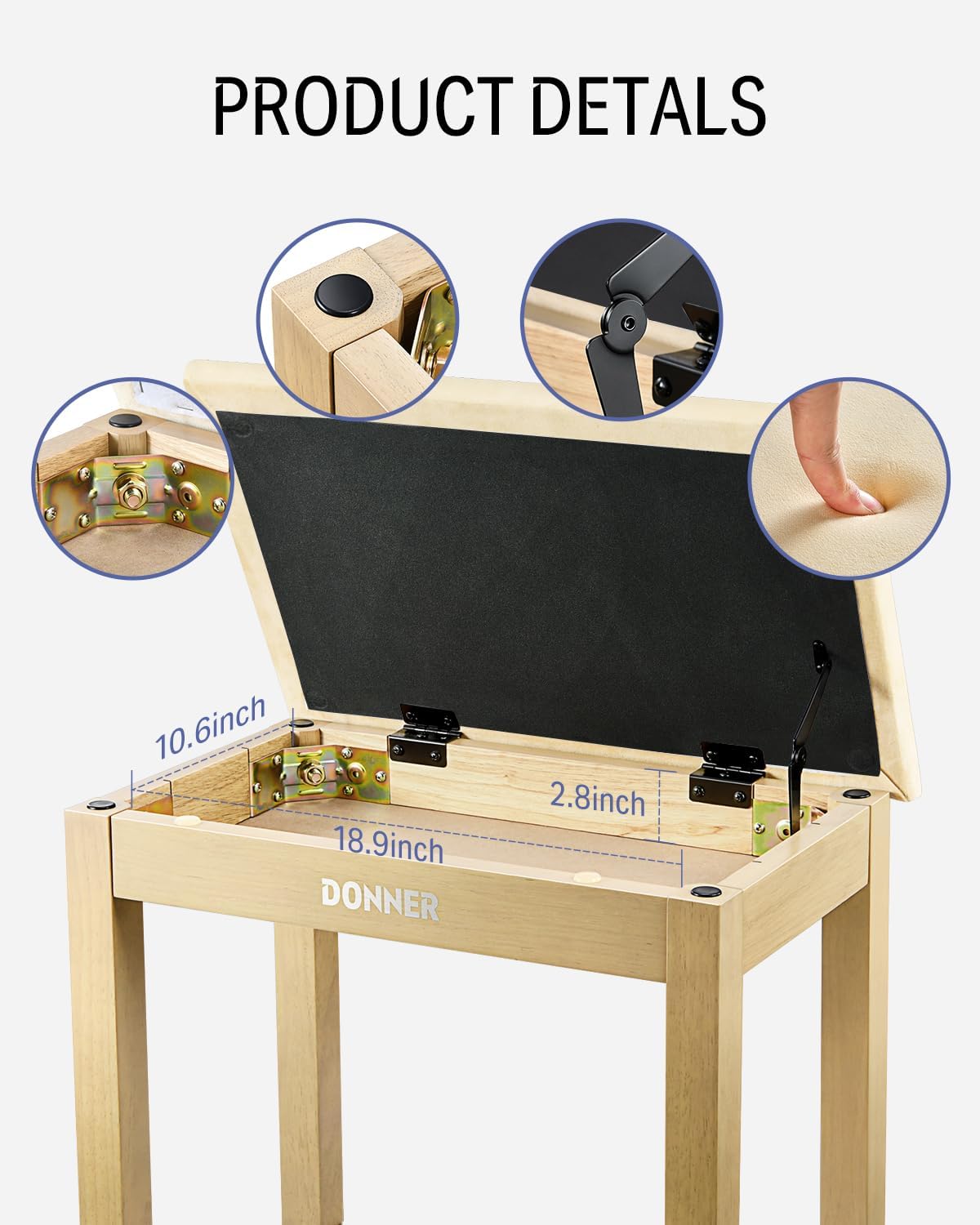 Donner Piano Bench with Storage, Solid Wood Keyboard Bench Piano Bookcase Stool Chair Seat with High-Density Sponges Pad, Black