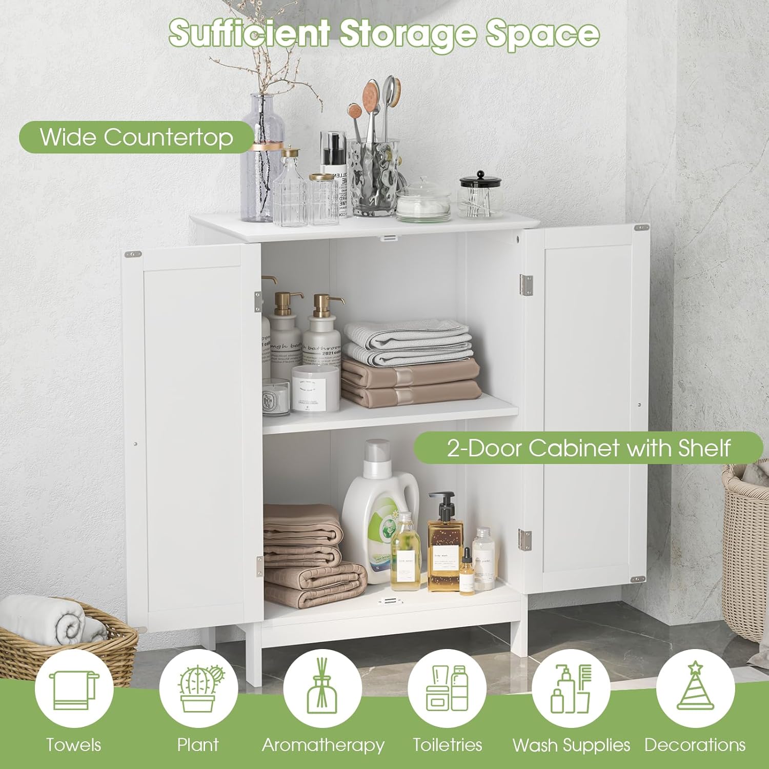 GLACER Bathroom Floor Cabinet, Wooden Storage Cabinet (White)