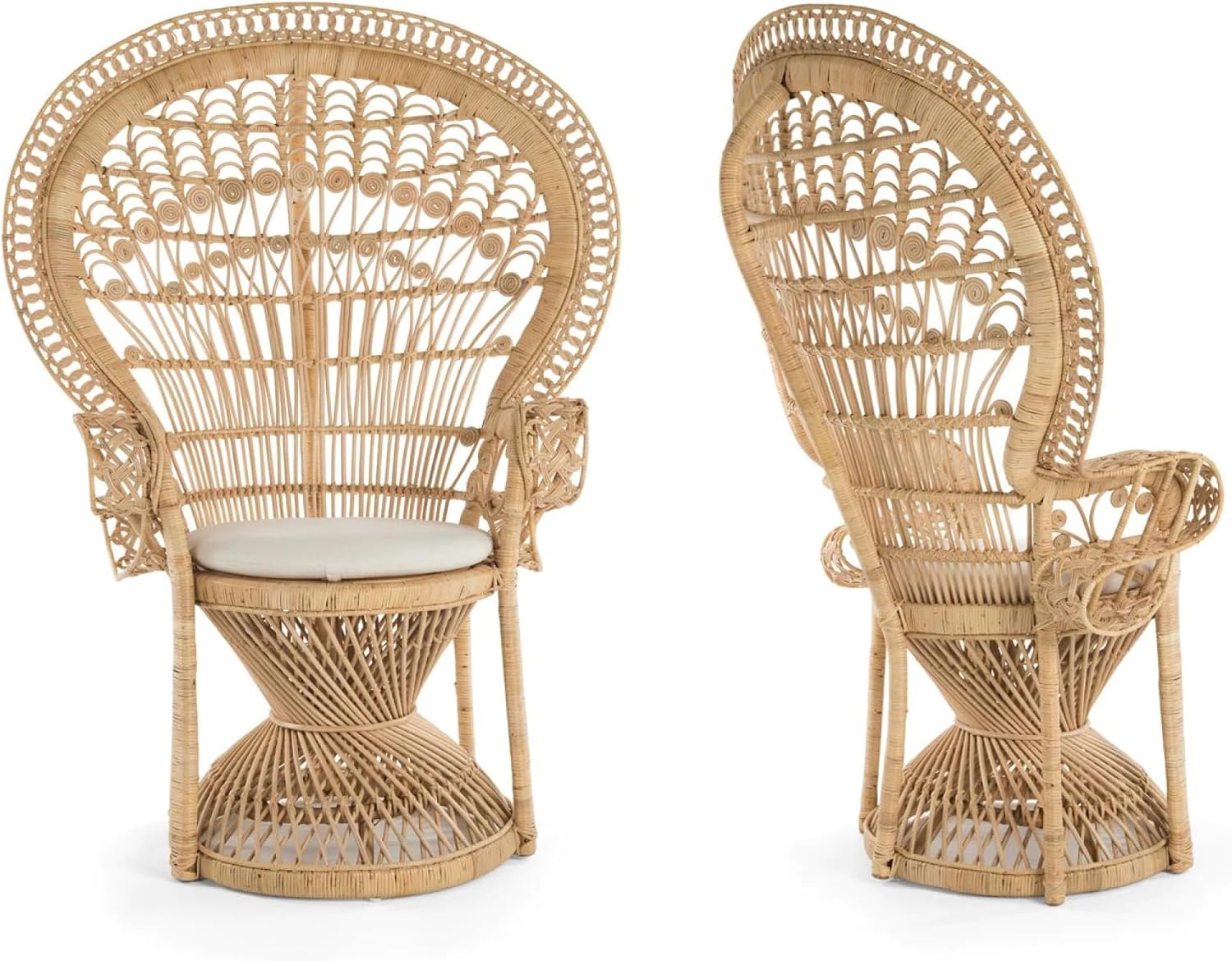 KOUBOO Grand Pecock Retro Peacock Chair in Rattan with Seat Cushion, Natural Color, Large