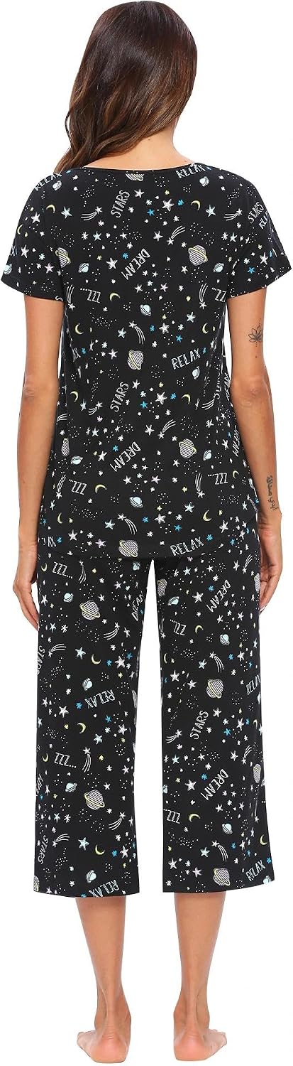 ENJOYNIGHT Womens Pajama Set Cotton Short Sleeve Top With Capri Pants Pj