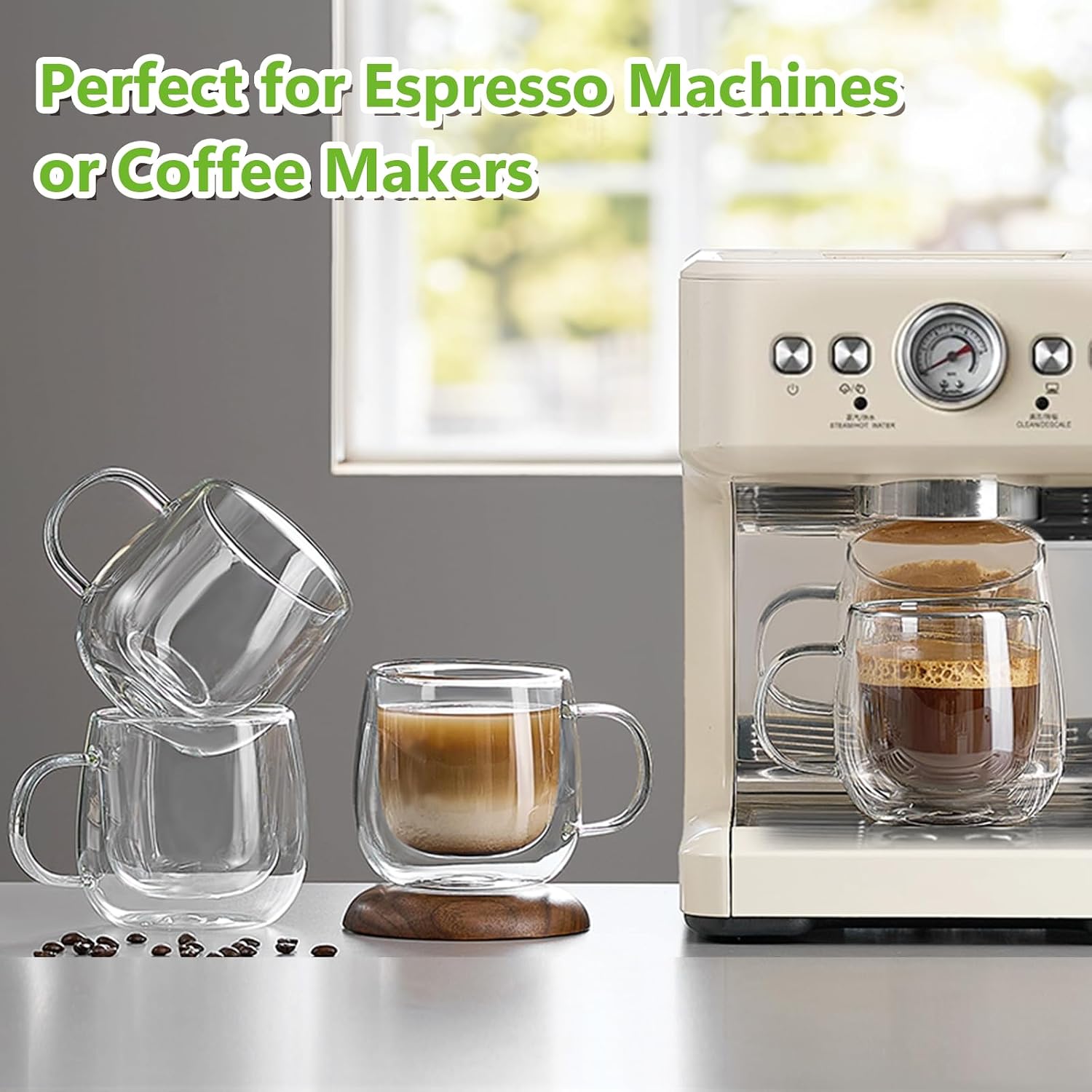 4 Pack Double Walled Glass Coffee Mugs, 16 oz Large Insulated Clear Coffee Cups with Handle, Cappuccino Mug for Espresso, Latte, Americano, Tea Bag