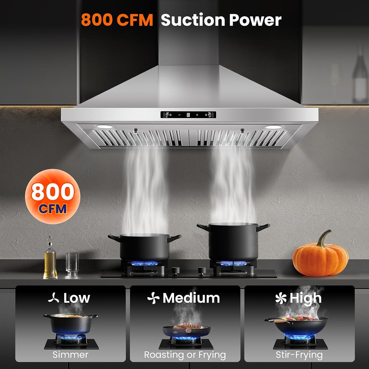 Tieasy Wall Mount Range Hood 30 inch Kitchen Hood 700 CFM with Ducted/Ductless Convertible Duct, Touch Control, Permanent Filters, Stainless Steel