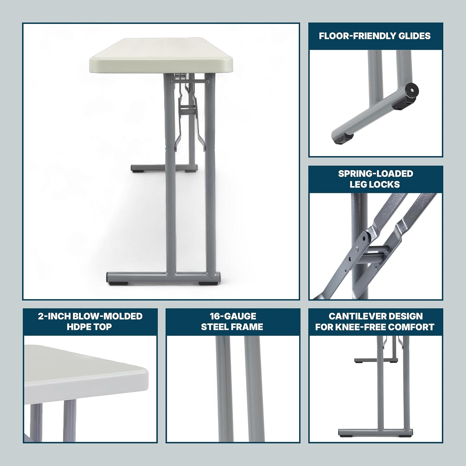 OEF Furnishings OEFBT-SEM1860 Commercial-Grade Premium Industrial Seminar Folding Table with Thick Blow-Molded Top and 16-Gauge Cantilever Steel