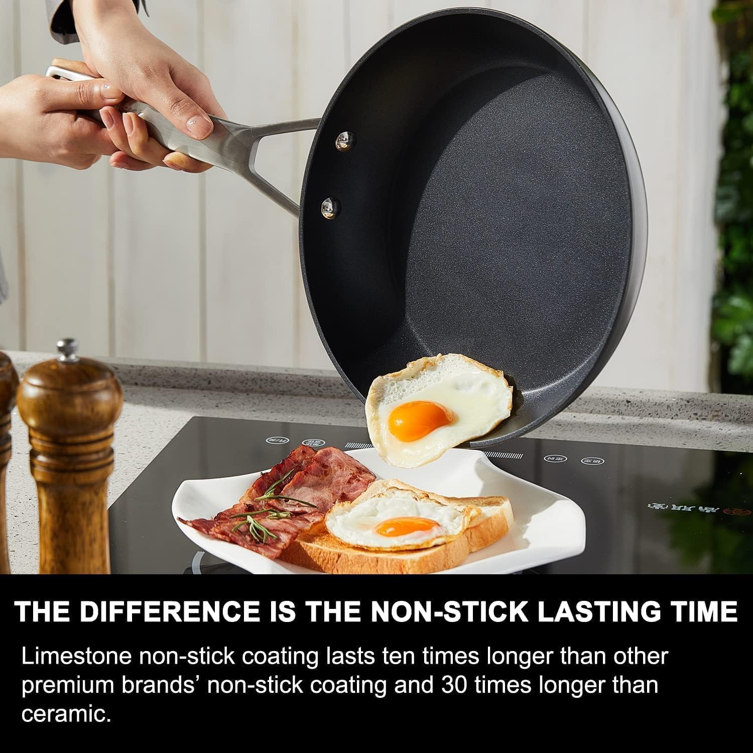 MsMk 12 Inch Nonstick Frying pan with Lid, Grey Large Cooking Pan Skillet