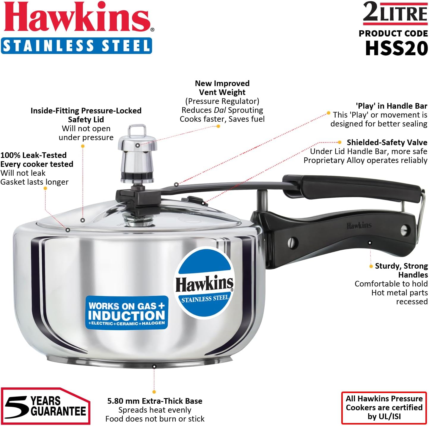 Hawkins Pressure Cooker, Stainless Steel Inner Lid Cooker, Induction Cooker, Small Cooker, Silver HSS20 2 Litre