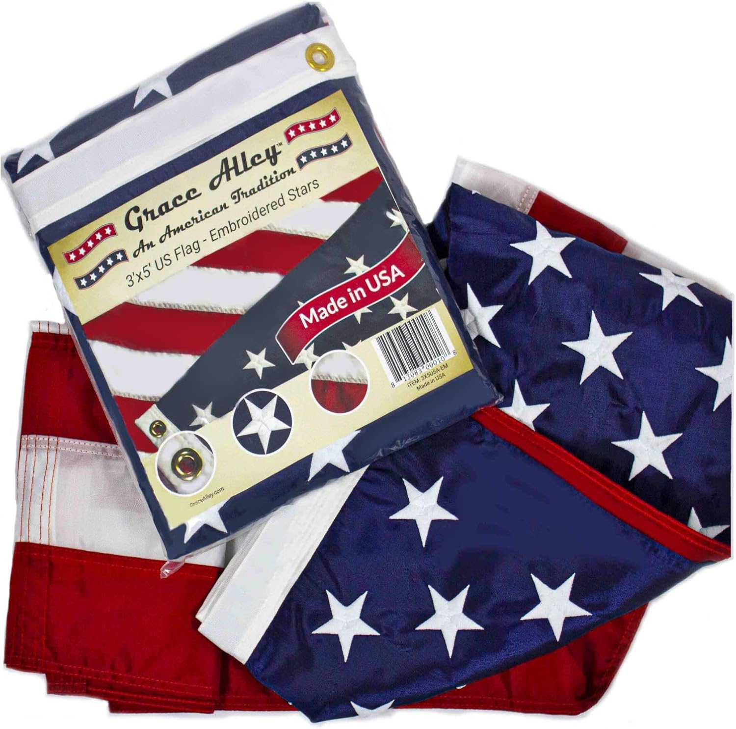 Grace Alley American Flag: 5x8 FT US Flag - 100% Made In USA - Embroidered Stars and Sewn Stripes and Brass Grommets