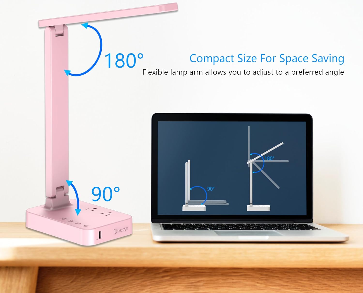 Drevet LED Desk Lamp for College Dorm Room, Desk Light with 1 USB Charging Port 2 AC Power Outlet, 3 Lighting Modes, 3 Level Brightness Touch Lamp