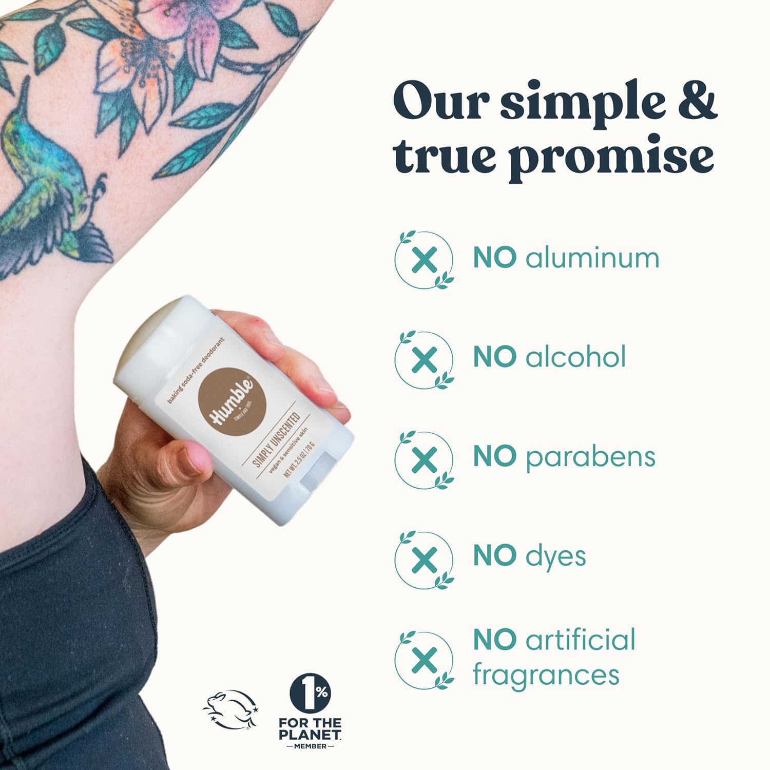 Humble Aluminum-Free Deodorant, Simply Unscented - 1 Pack | Baking Soda-Free, Clean, Fresh, Natural, Essential Oils, Sensitive Skin, Long-Lasting Odor Control, Cruelty-Free, Men & Women