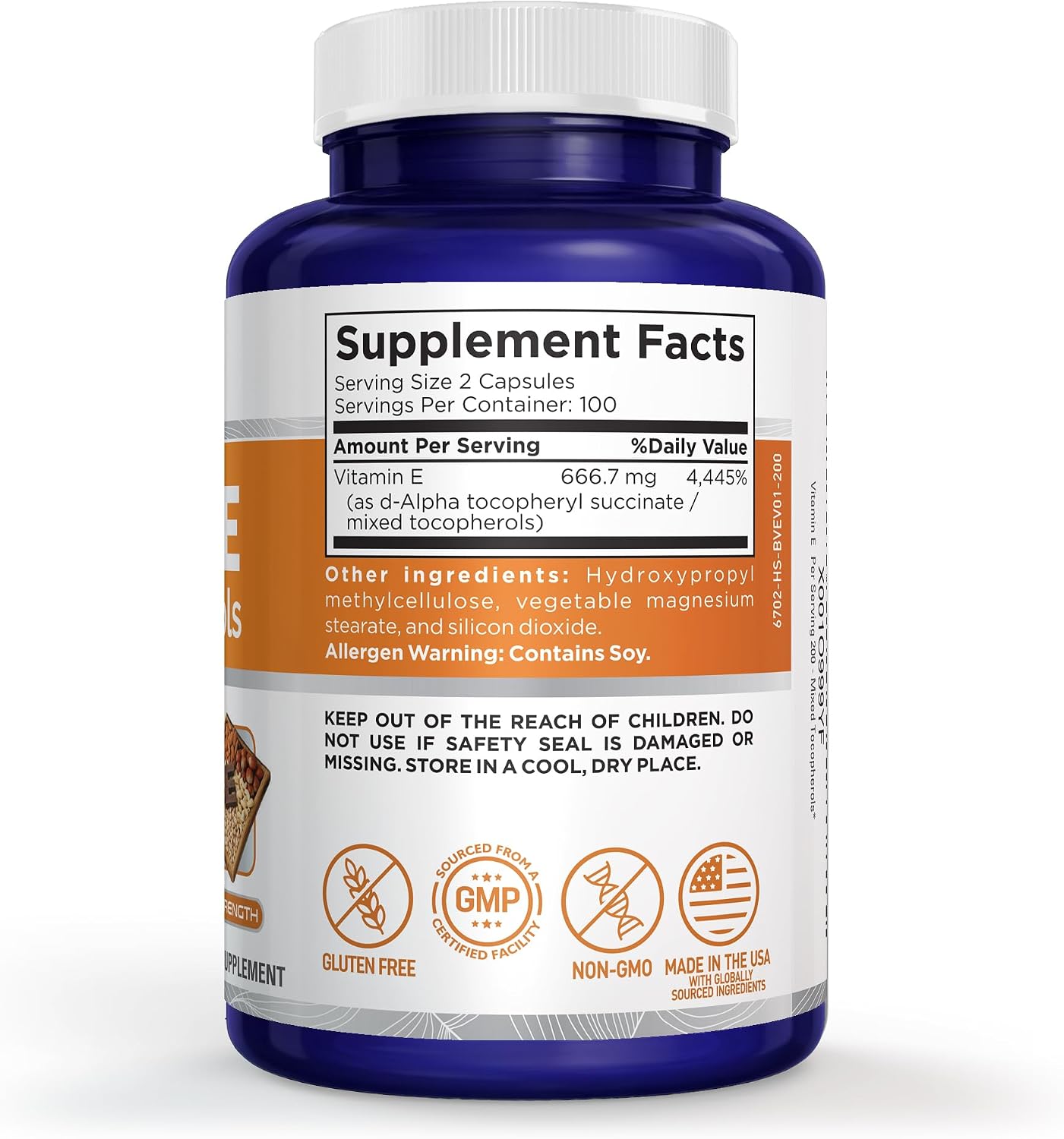 Vitamin E Mixed Tocopherols, Non-GMO Vegan, 200 Veg Capsules - 100 Servings | Plant Based with Gluten Free Formulation, Suitable for Adults