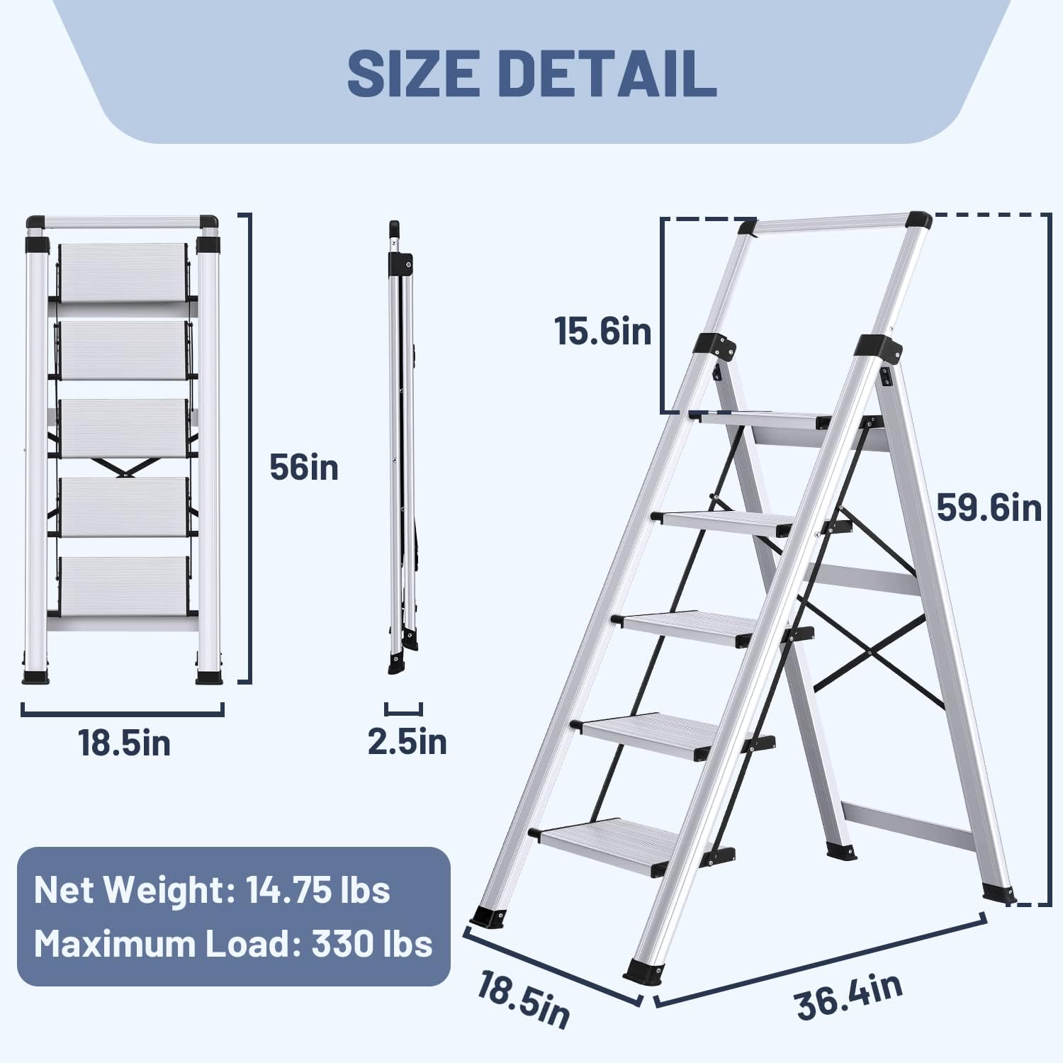 XinSunho 3 Step Ladder, Aluminum Folding Stool with Retractable Handgrip