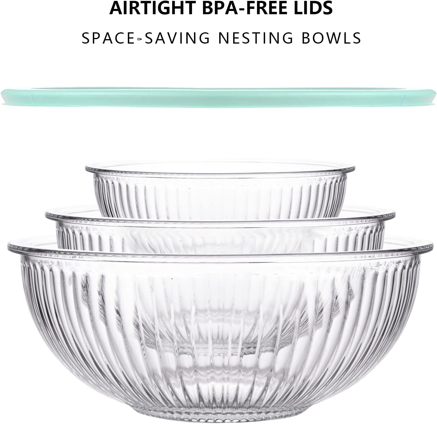 Luvan Glass Mixing Bowls with Lids Set(4.5QT, 2.7QT, 1.1QT)-Large Glass Mixing Bowls, Clear Salad Bowl for Baking, Cooking, Serving, Food Prep, 3PC Nesting Bowls for Kitchen Storage & Dishwasher Safe