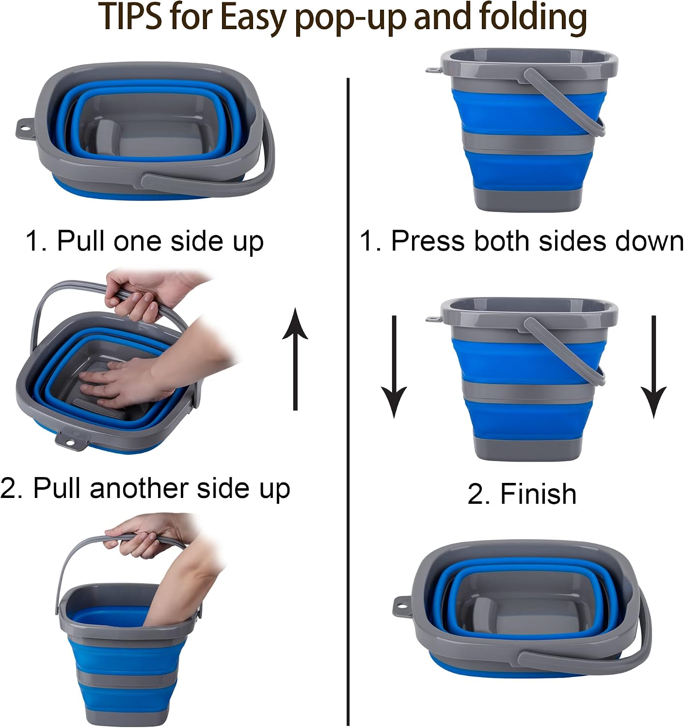 2 Pack Collapsible Plastic Bucket with 2.6 Gallon (10L) Each, Foldable Rectangular Tub for House Cleaning
