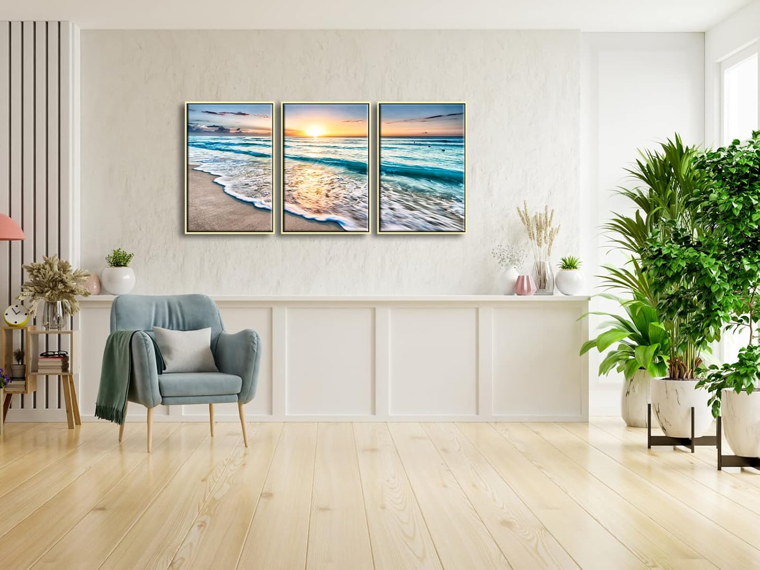 Wieco Art 3 Panel Blue Beach Canvas Wall Art for Home Decor Sunset White Wave Beach Pictures on Canvas Sea View Canvas Prints Artwork for Wall Decor