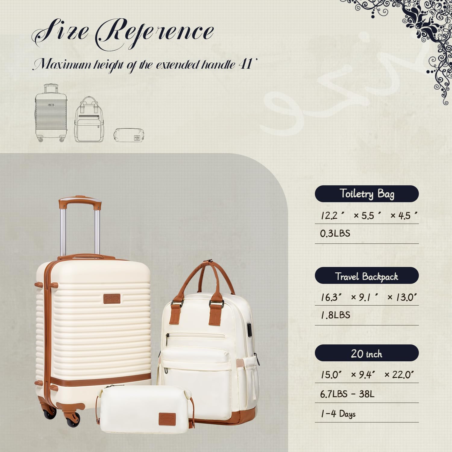 Coolife Luggage Set Carry On Suitcase, 3 piece, White(BP/TB/20) | 360° Spinner Wheels, Multi-Functional Pockets with USB, Smart Trolley Sleeve