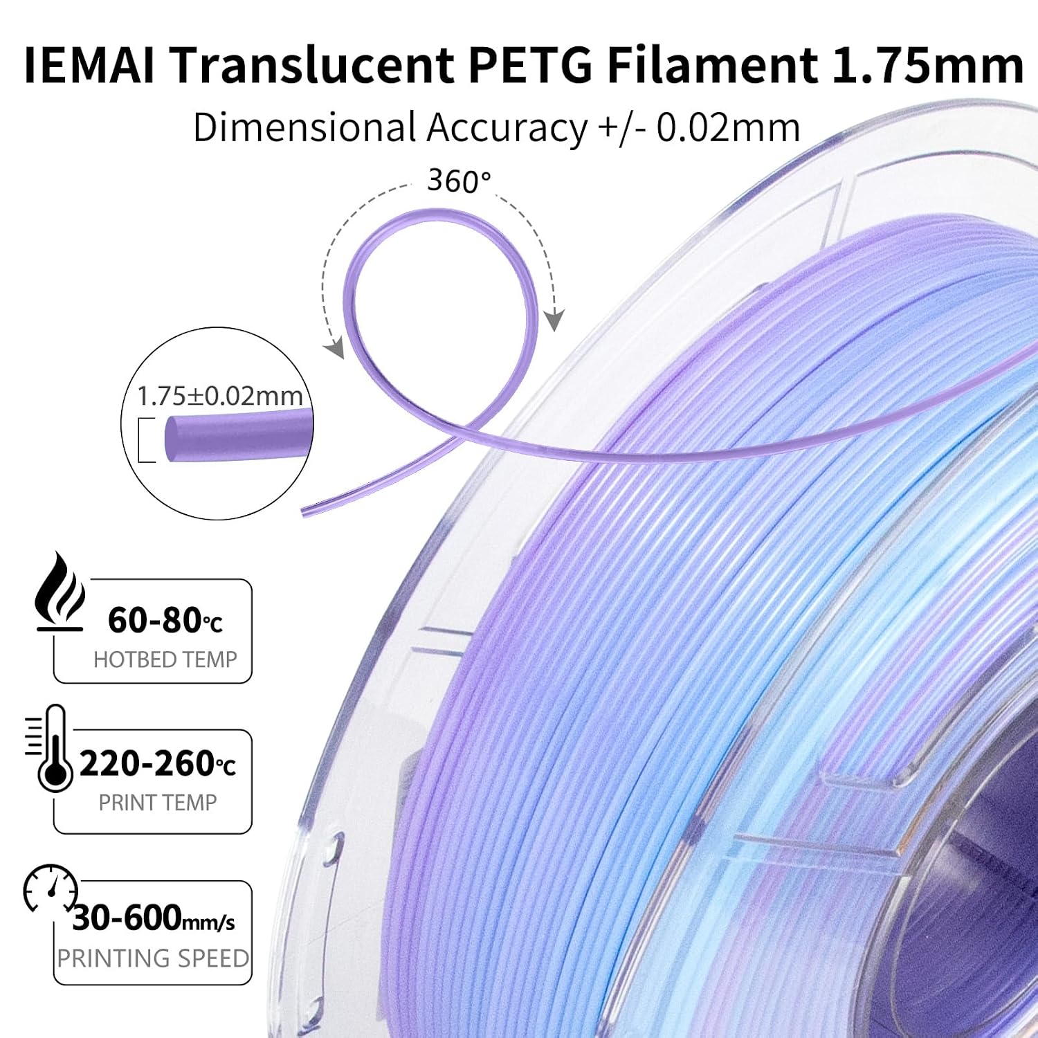 IEMAI Translucent PETG 3D Printer Filament 1.75mm 1kg Blue-Purple Gradient | Dual-Color Gradient with Glossy Translucent Finish