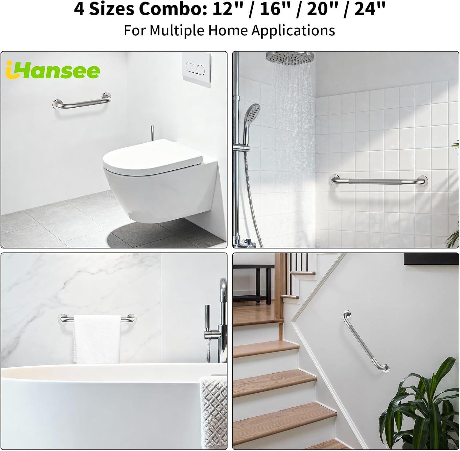 Brushed Nickel Grab Bars 18" 32" 36" 42" Bundle - 1.25" Diameter | 4 Pack Commercial Grab Bar, Anti-Slip Safety Shower Handrail, Toilet Handicap Bar, Stainless Steel Bathroom Handle for Senior