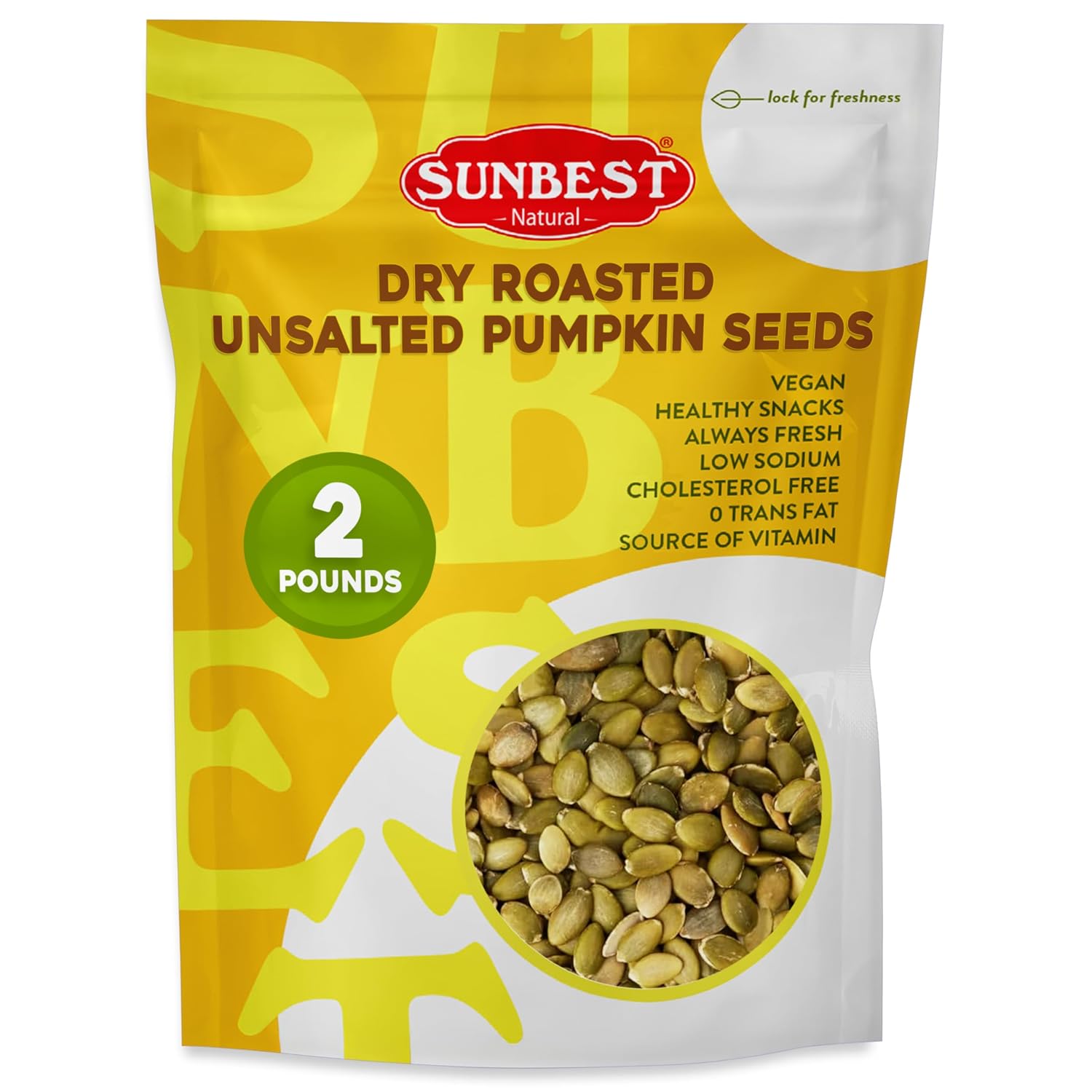 Sunbest Natural Dry Roasted Pumpkin Seeds – 2 lb Bulk Bag – Unsalted Shelled Pepitas – Nutrient-Rich & Ready to Eat – Non-GMO, Vegan