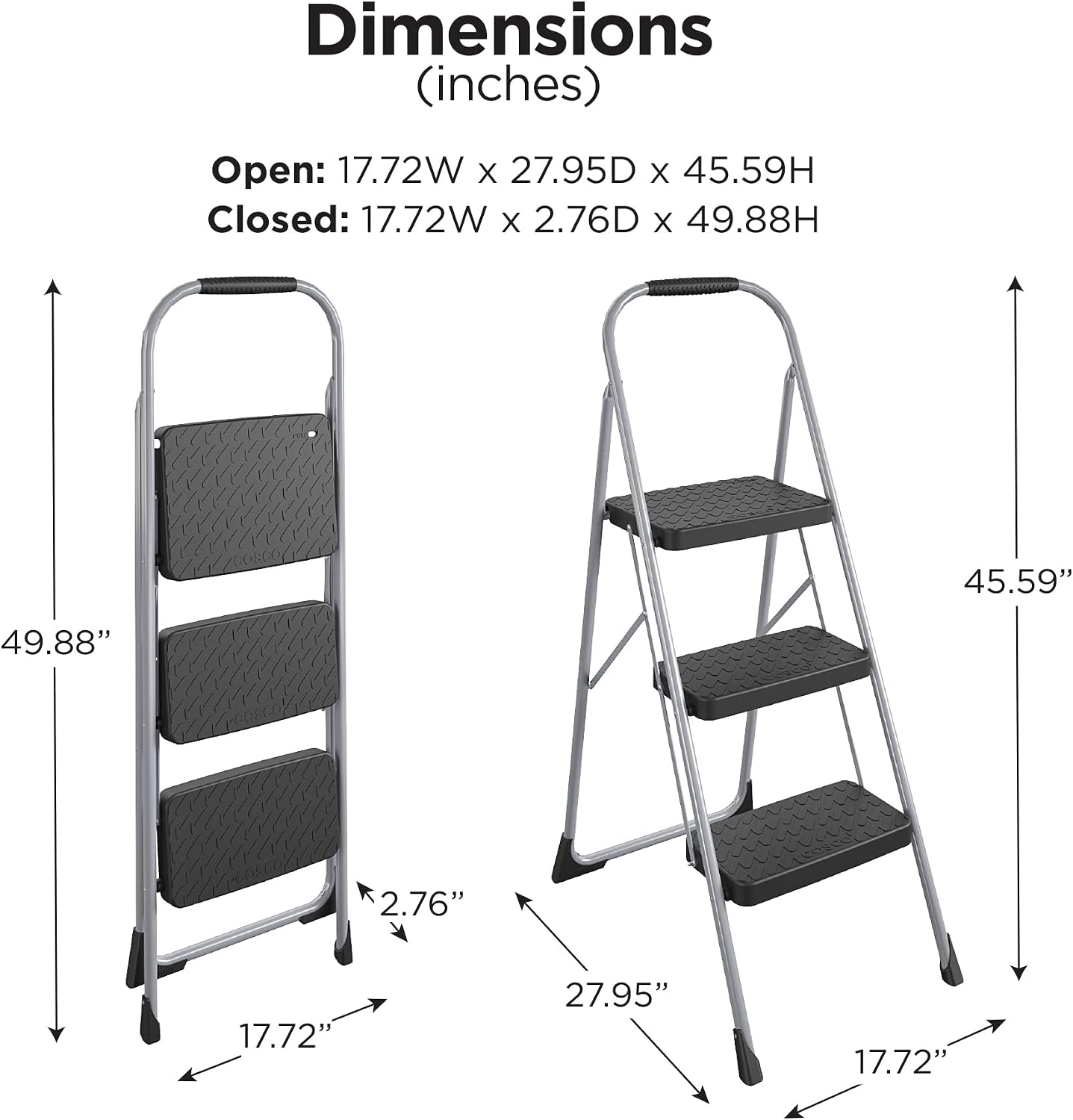 Cosco 11408PBL1E Three Step Big Step Folding Step Stool with Rubber Hand Grip, Grey
