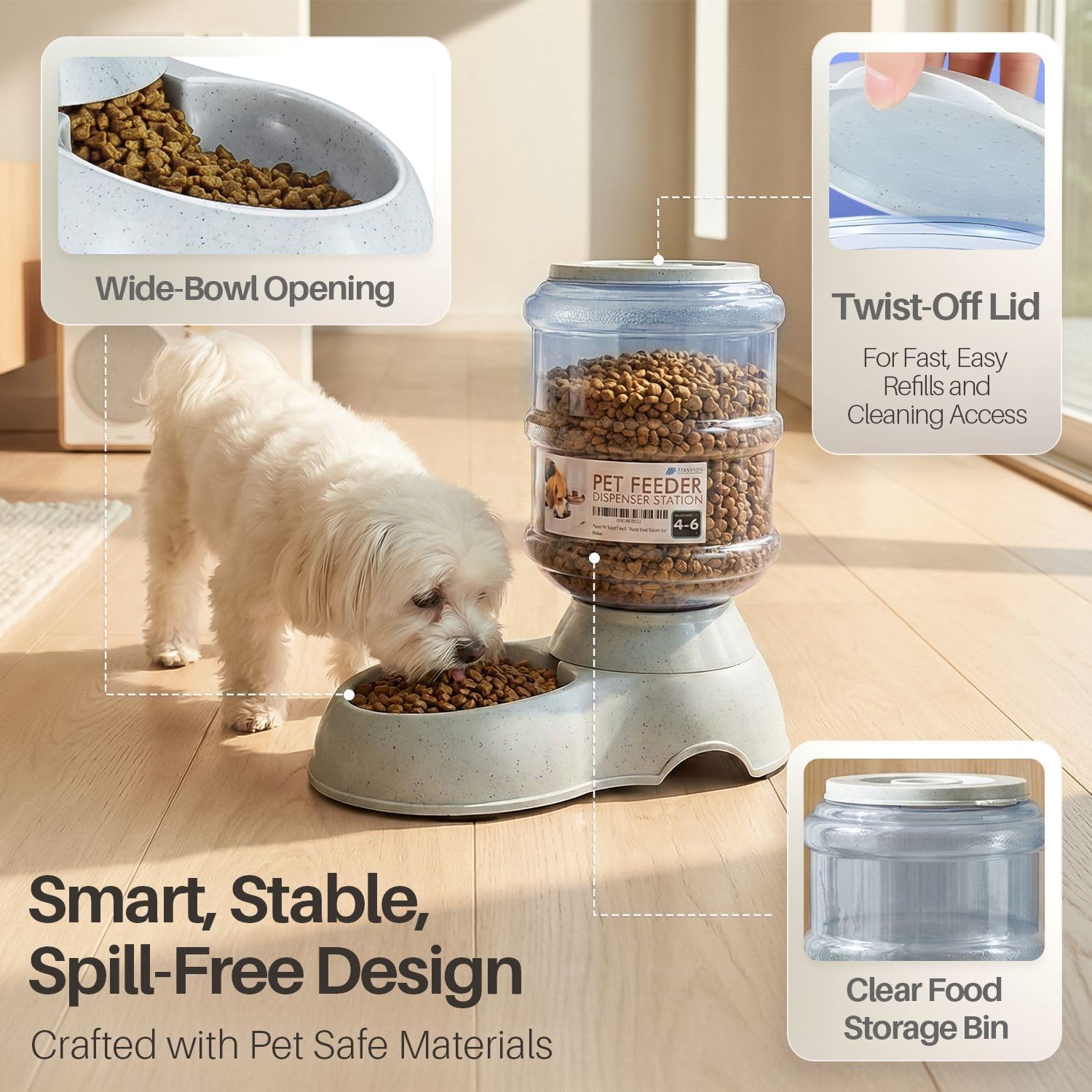 Flexzion Gravity Pet Feeder, Dog and Cat Food Dispenser, 1-Gallon Capacity | Self-Replenishing Dry Food Station with Non-Skid Feet and a Carry Handle; Holds Approximately 4-6 Lb Of Kibble