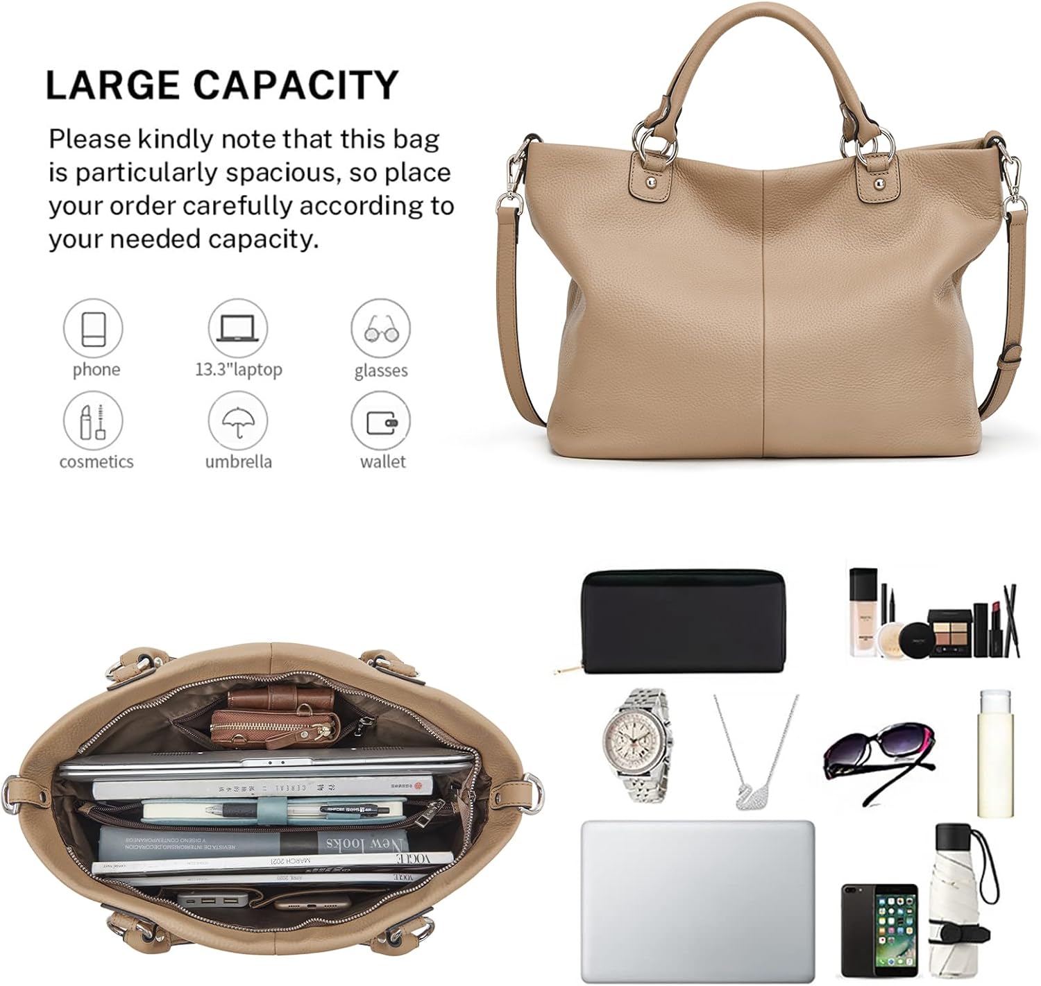 Kattee Genuine Leather Tote Purse for Women, Top Handle Satchel | Soft genuine leather tote with roomy storage and versatile carry for work, shopping, and travel.