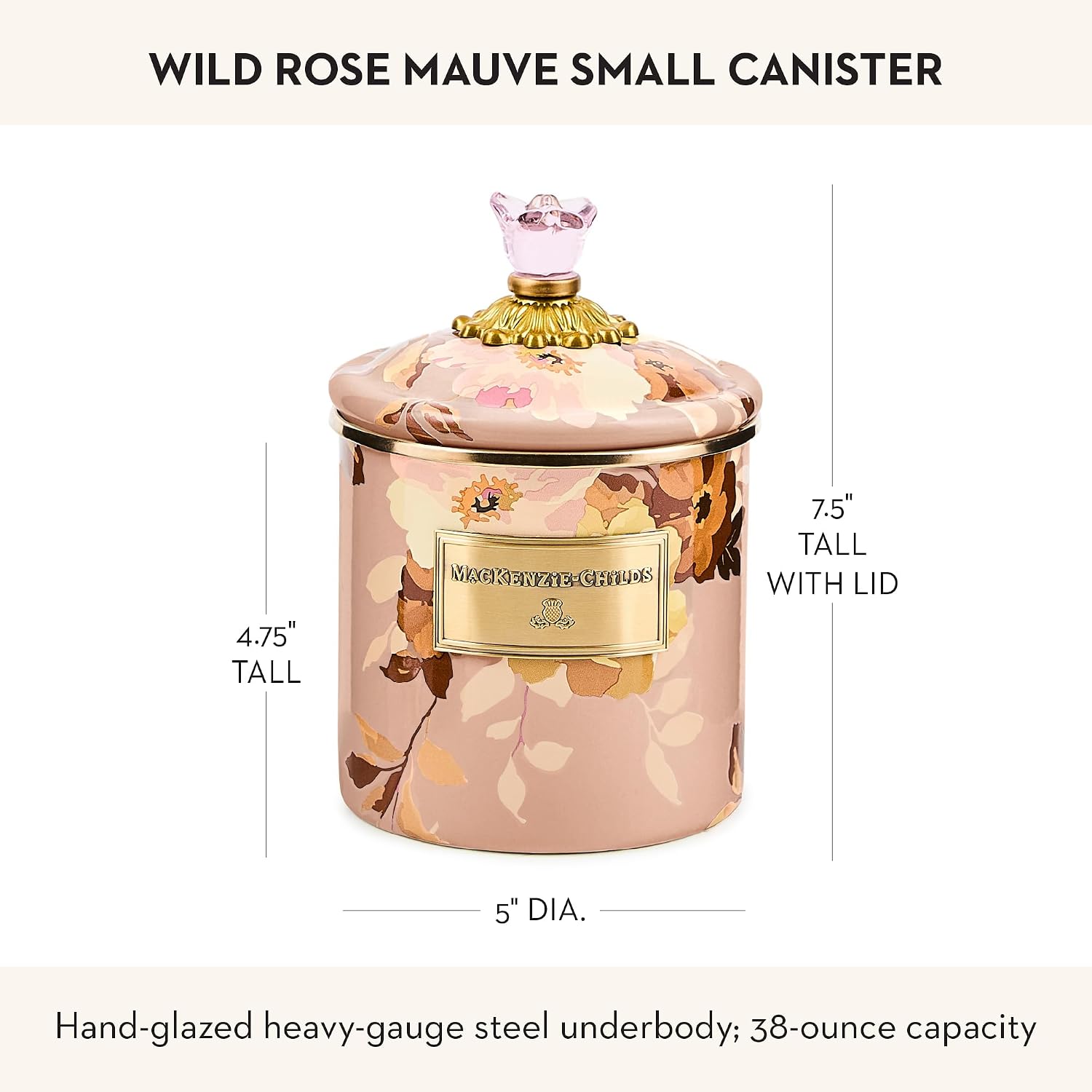 MACKENZIE-CHILDS Enamel Canister, Small, Wild Rose Brown | Hand-applied design, made from enameled steel, versatile kitchen storage container for flour and sugar, 38-ounce capacity