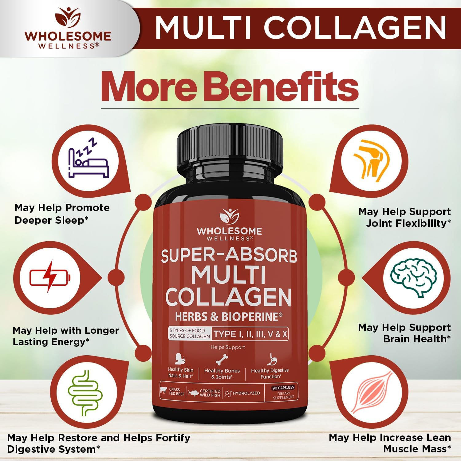 Wholesome Wellness Super-Absorb Multi Collagen Pills (Type I II III V X) Organic Herbs & Bioperine - Hair, Skin