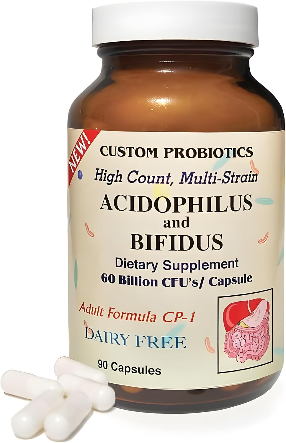 Custom Probiotics CP-1 Adult Formula – 60 Billion CFU Probiotic Supplement – 5 Strain High Potency Probiotics for Digestive & Gut Health