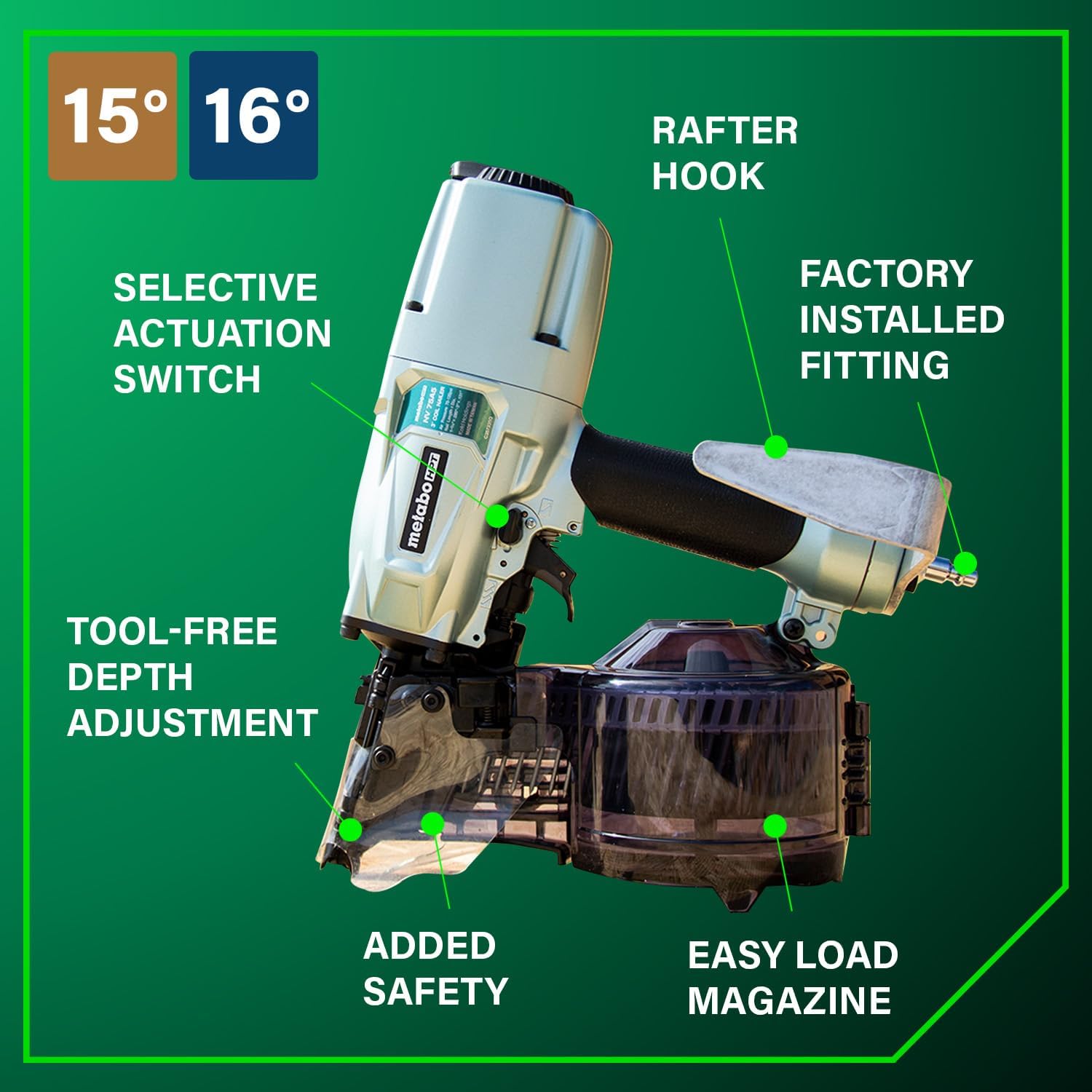Metabo HPT Pneumatic Coil Nailer for Siding and Framing, NV75A5 | 16° Wire Collated Nails 1-3/4" to 3", 15° Plastic Strip Nails to 2-1/4"