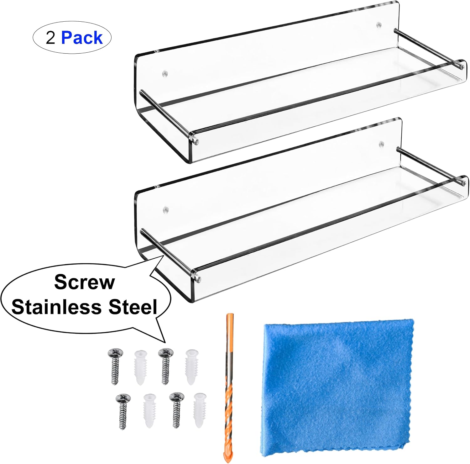 AMT 2 Pack Acrylic Floating Shelves, 15" L x 4" W, Clear Bathroom Wall, Bookshelves, Invisible Display for Office, Bedroom
