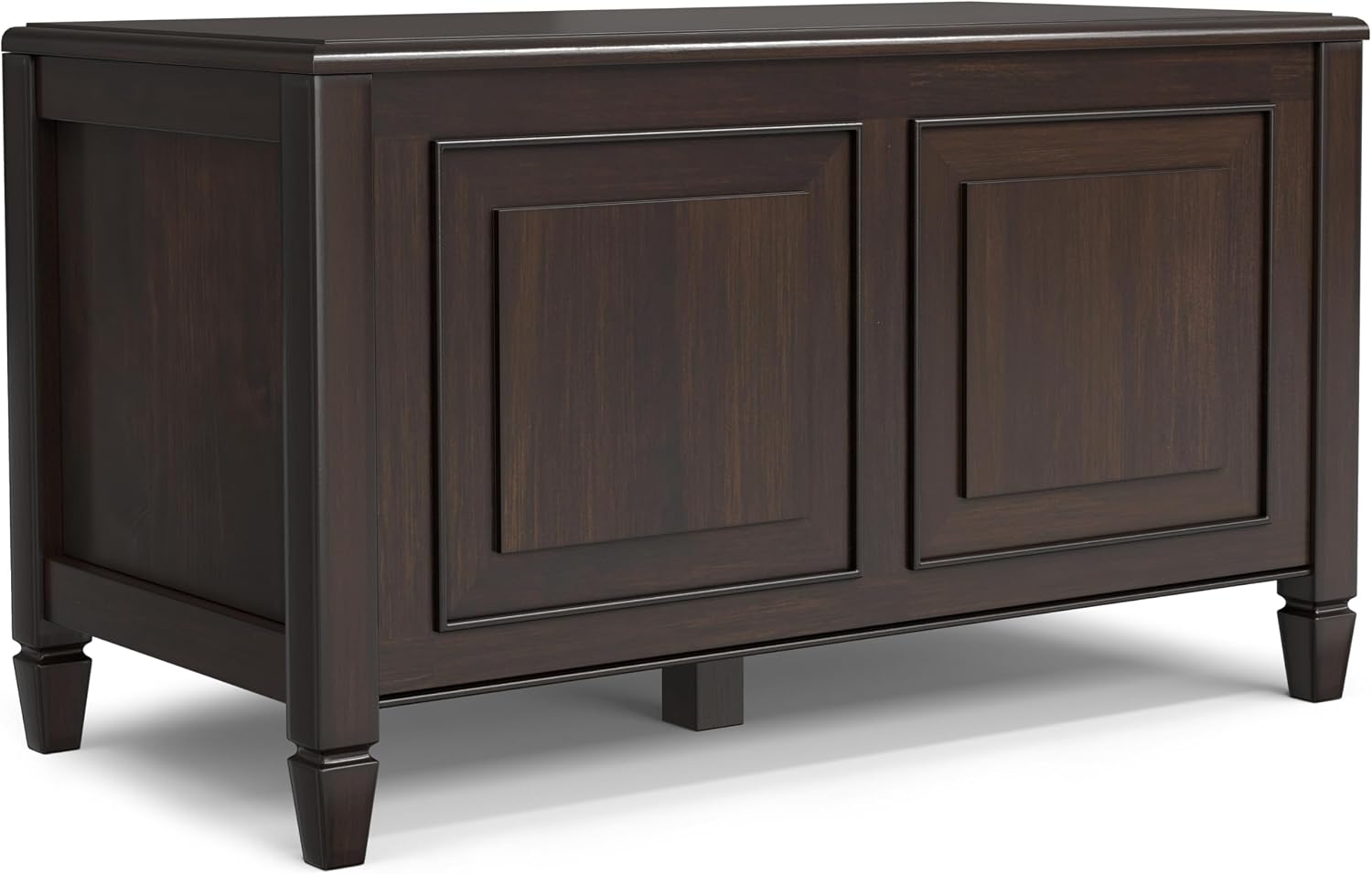 SIMPLIHOME Harvey 47" Wide Solid Mango Wood Bench in Natural | Traditional entryway bench in dark chestnut brown with a lift-up lid and 3 hidden compartments; shoe or hallway bench.