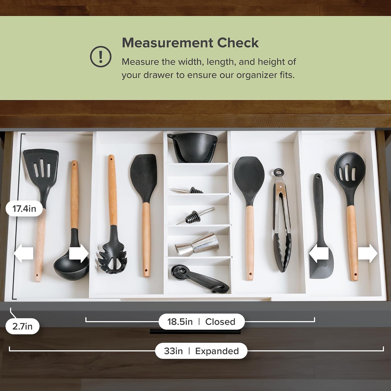 Utensil & Junk Drawer Organizer, 16-28 in, Bamboo | Food-safe contract grade, 100% sustainable wood, non-slip, adjustable