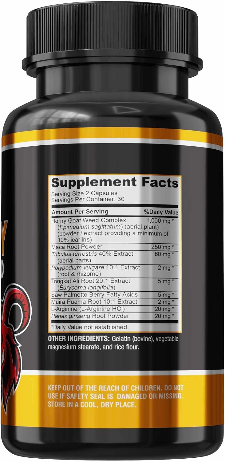 YUMMYVITE Horny Goat Weed Extra Strength Blend, w. Maca, Arginine, Ginseng, Tribulus, Tongkat, Libido, Stamina, Energy Support, Non-GMO Formula