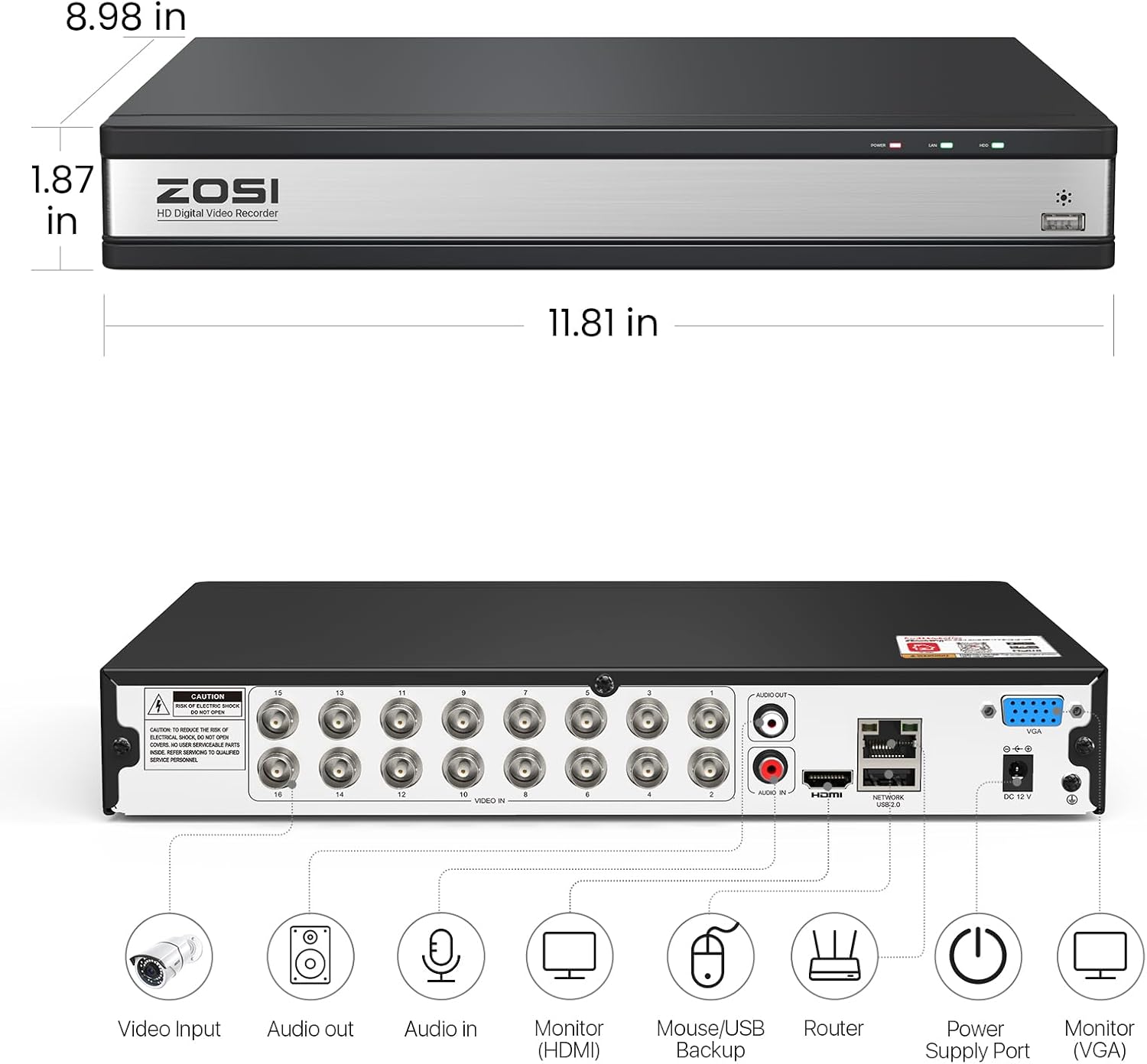 ZOSI H.265+ 8 Channel 3K Lite Security DVR Recorder, Hybrid 4-in-1, NO HDD | Support Analog AHD TVI CVI Cameras, Remote Access, AI Human Vehicle Detection, Alert Push, 8CH Surveillance DVR