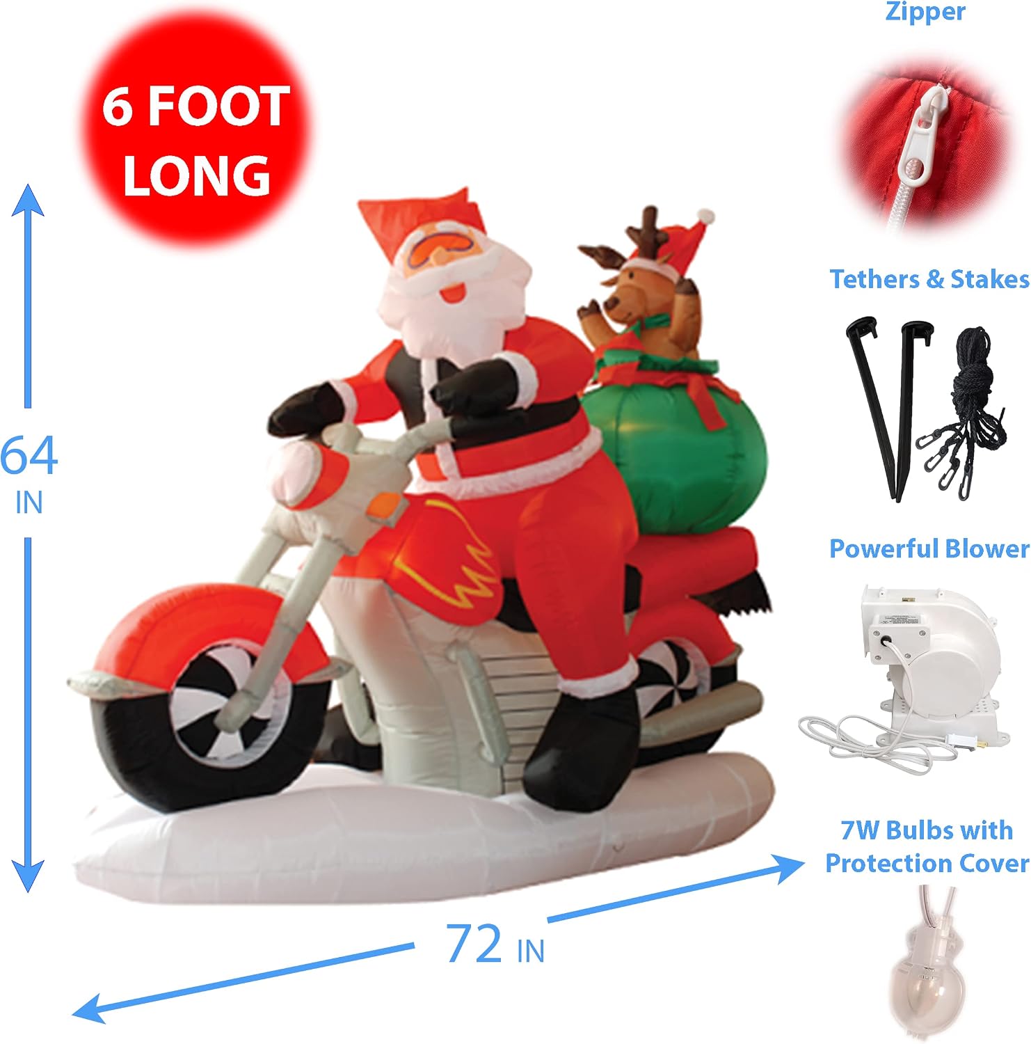 6 FT Outdoor Christmas Inflatable Santa Claus & Reindeer on Motorcycle | Durable, Heavy-Duty Weather-Resistant, Built-in Lights, External Blower
