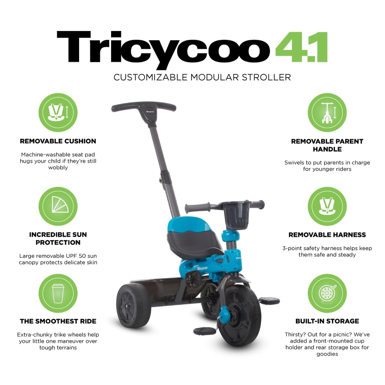 Joovy Tricycoo 4.1 Kids Tricycle with 4-Stages Featuring Extra-Wide Front Tire, Removable and Adjustable Parent Handle, Safety Harness