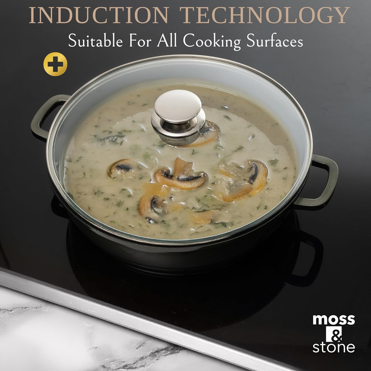 Moss & Stone 12" Deep Nonstick Skillet with Lid, 5 Qt Saute Pan, Oven Safe