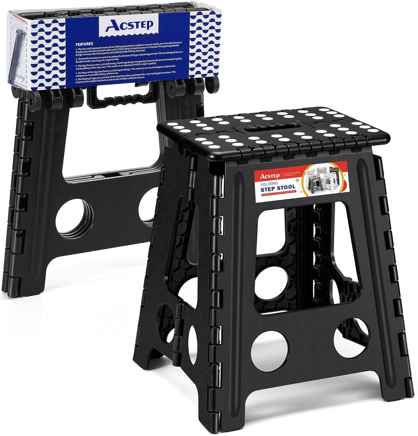 11 Inch Folding Step Stool for Kids, Non-Slip Foldable Stools, Black | Heavy Duty Collapsible Foot Stool, Lightweight with Built-in Handle, Holds 300 lb for Adults Kitchen Bathroom Bedroom Outdoor