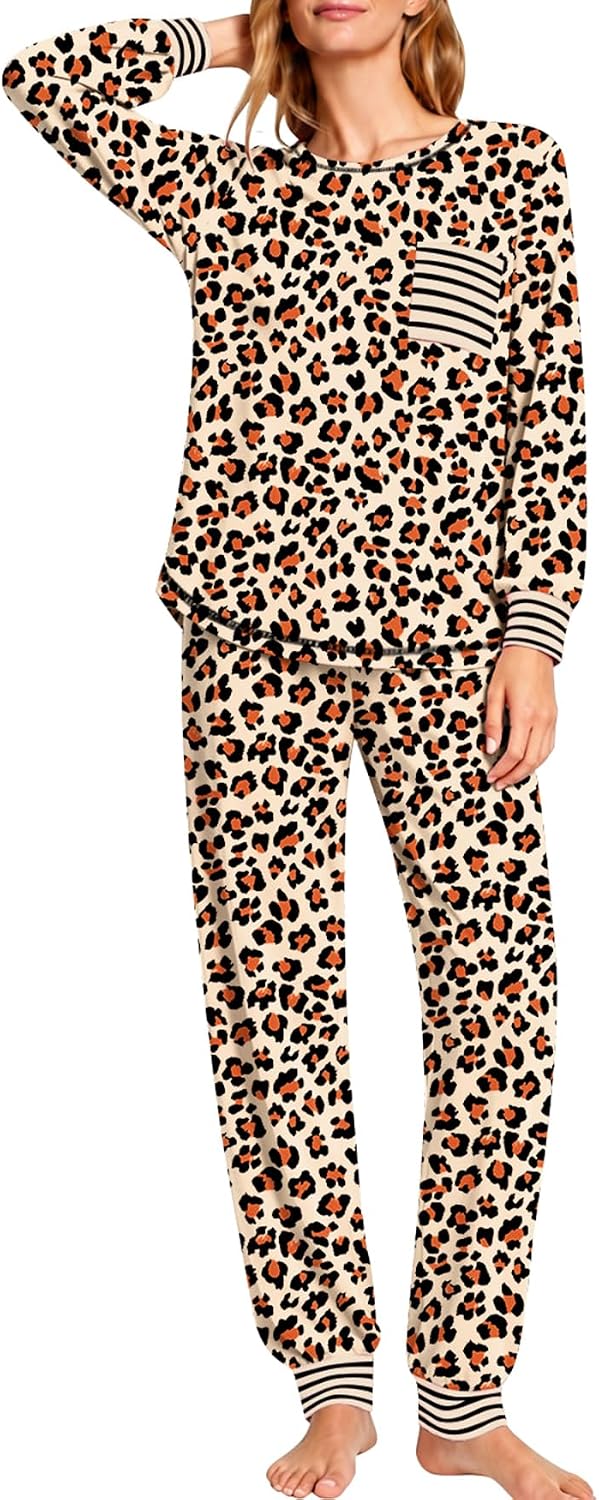 SWOMOG Women’s Pajamas Set Long Sleeve Sleepwear with Long Pants Soft Modal Loungewear Pj Set