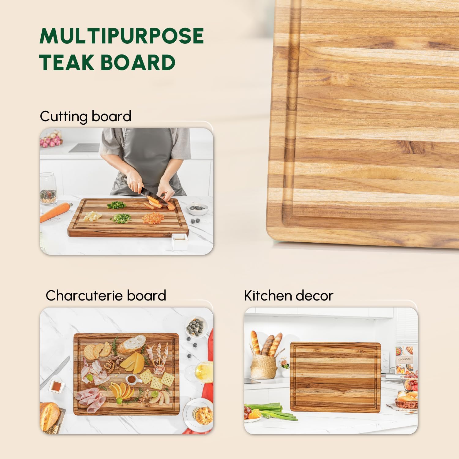 BEEFURNI Teak Wood Cutting Board with Hand Grip (20x15x1.25", M)