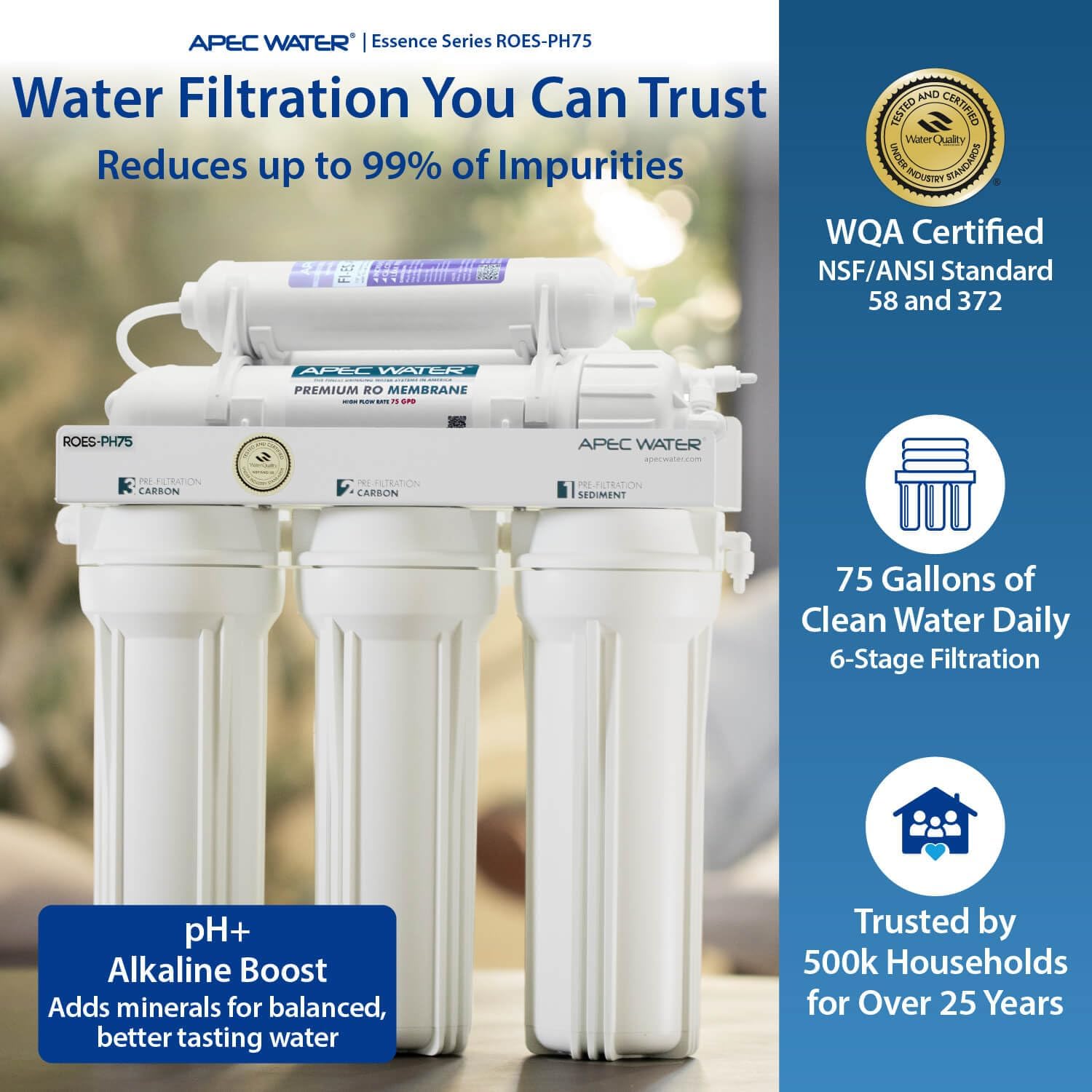 APEC Water ROES-50, 5-Stage Under Sink Reverse Osmosis System, 50 GPD | NSF Certified 372 & 58, Reduces 99% of Impurities, DIY Installation