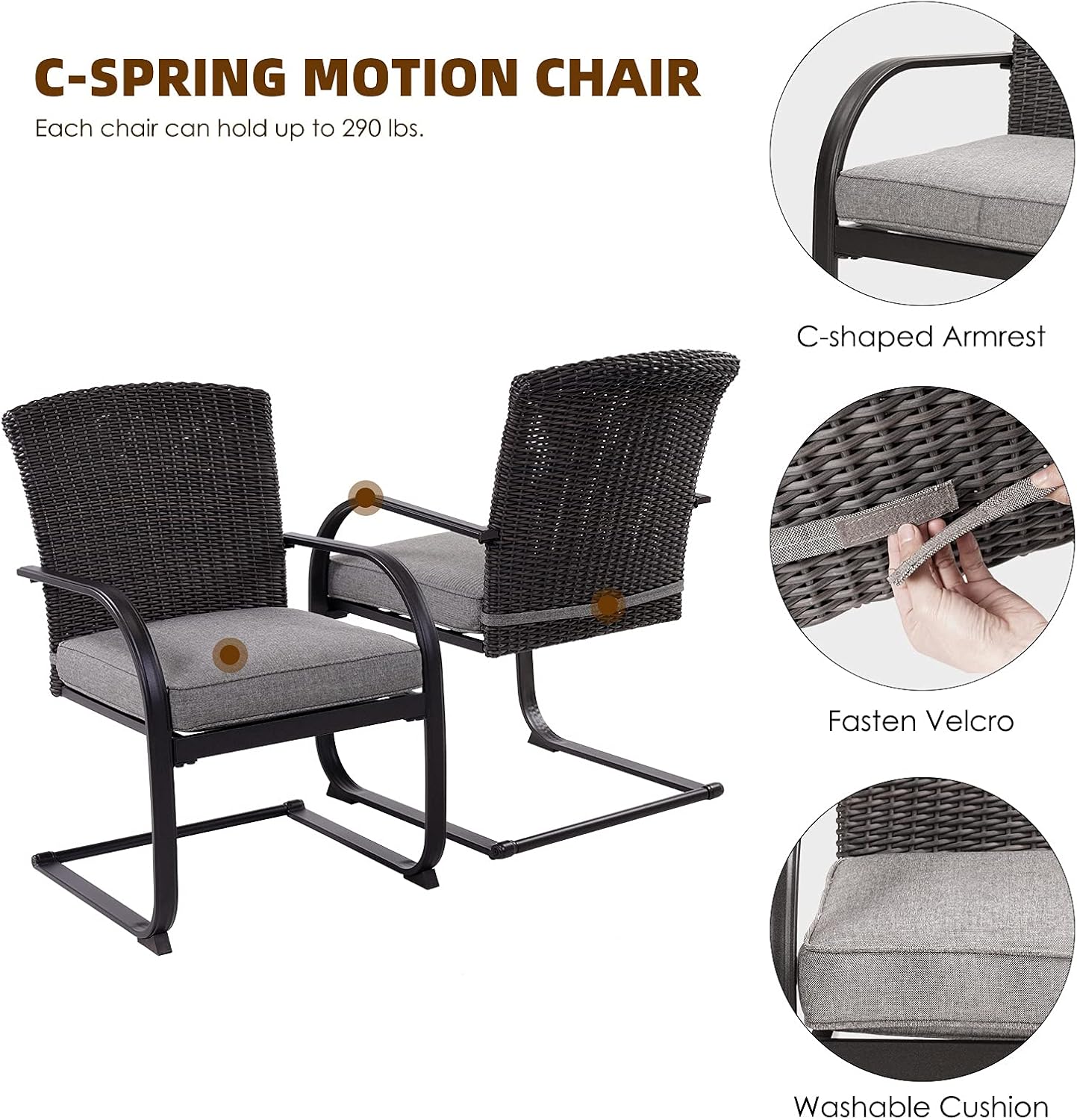 Grand patio 4 Pieces Outdoor Patio Metal Dining Chairs, C-Spring Motion Wicker Dining Chairs Set of 4 with Seat Cushions for Lawn Garden Backyard Deck