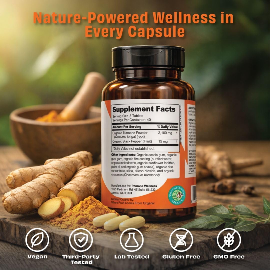 Pomona Wellness Organic Turmeric Supplement 2100 mg, 120 Tablets