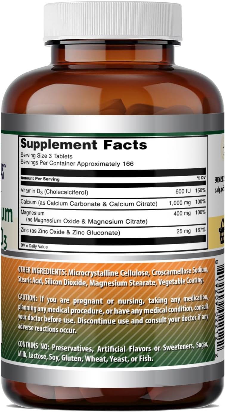 Amazing Formulas Calcium Magnesium Zinc D3-300 Tablets Per Bottle Supplement (Calcium 1000mg - Magnesium 400mg - Zinc 25mg Plus Vitamin D3 600 IU - Per Serving of 3 Tablets)