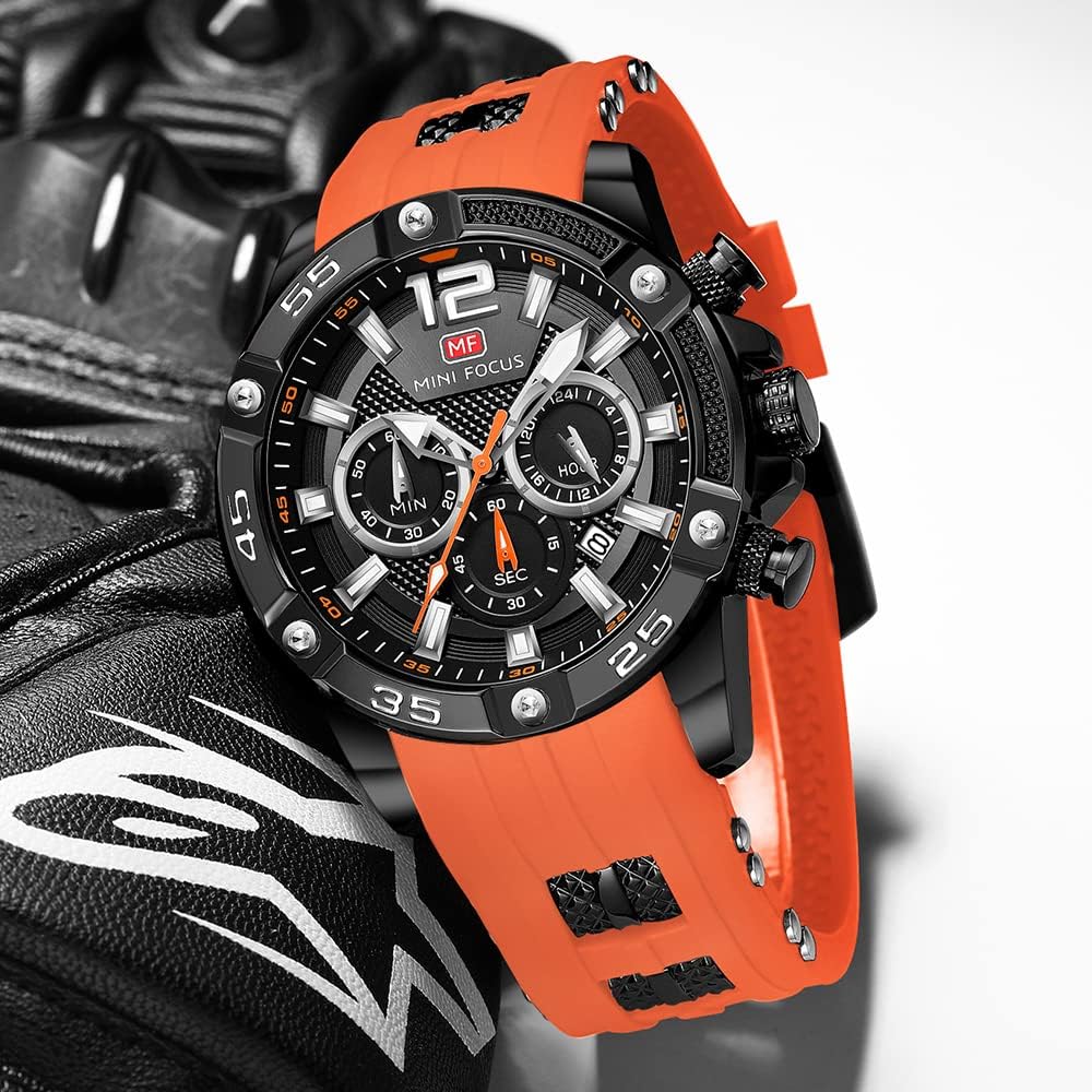 MF MINI FOCUS Men Watch, Chronograph Waterproof Sport Analog Quartz Watches Blue Silicon Strap Fashion Wristwatch for Men