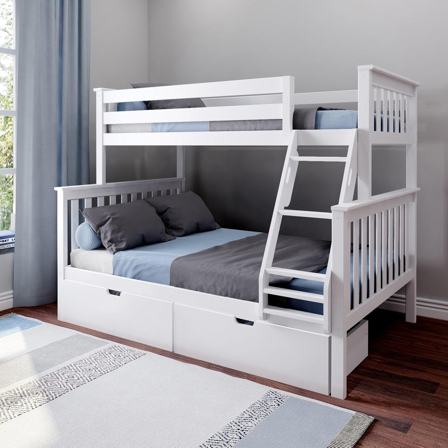 Max & Lily Bunk Bed Twin over Twin, Solid Wood Bunk Bed Frame with Ladder for Kids, 14" Safety Guardrails, Easy Assembly, No Box Spring Needed, White