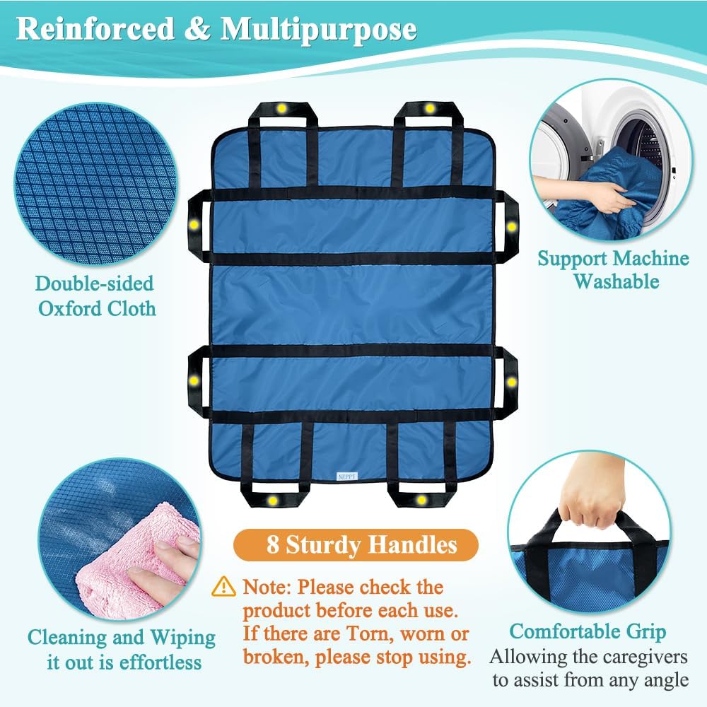 NEPPT Positioning Pad Draw Sheet Patient Transfer Board Lift Sheet Slide Protective Hospital Bed Mat with Handles for Incontinence, Bariatric, Elderly - Reusable & Washable (Blue-39" x 46")