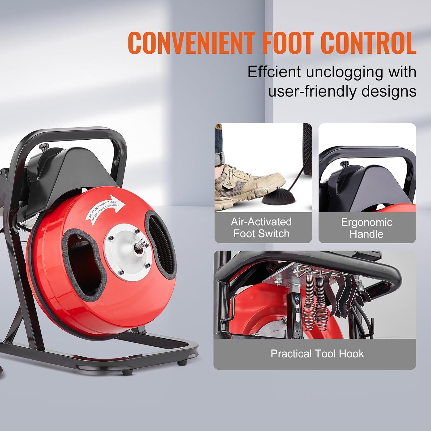 VEVOR Drain Cleaner Machine 50 FT x 1/2 Inch, Manual Feed Sewer Snake Auger with 4 Cutters & Air-Activated Foot Switch for 2" to 6" Pipes