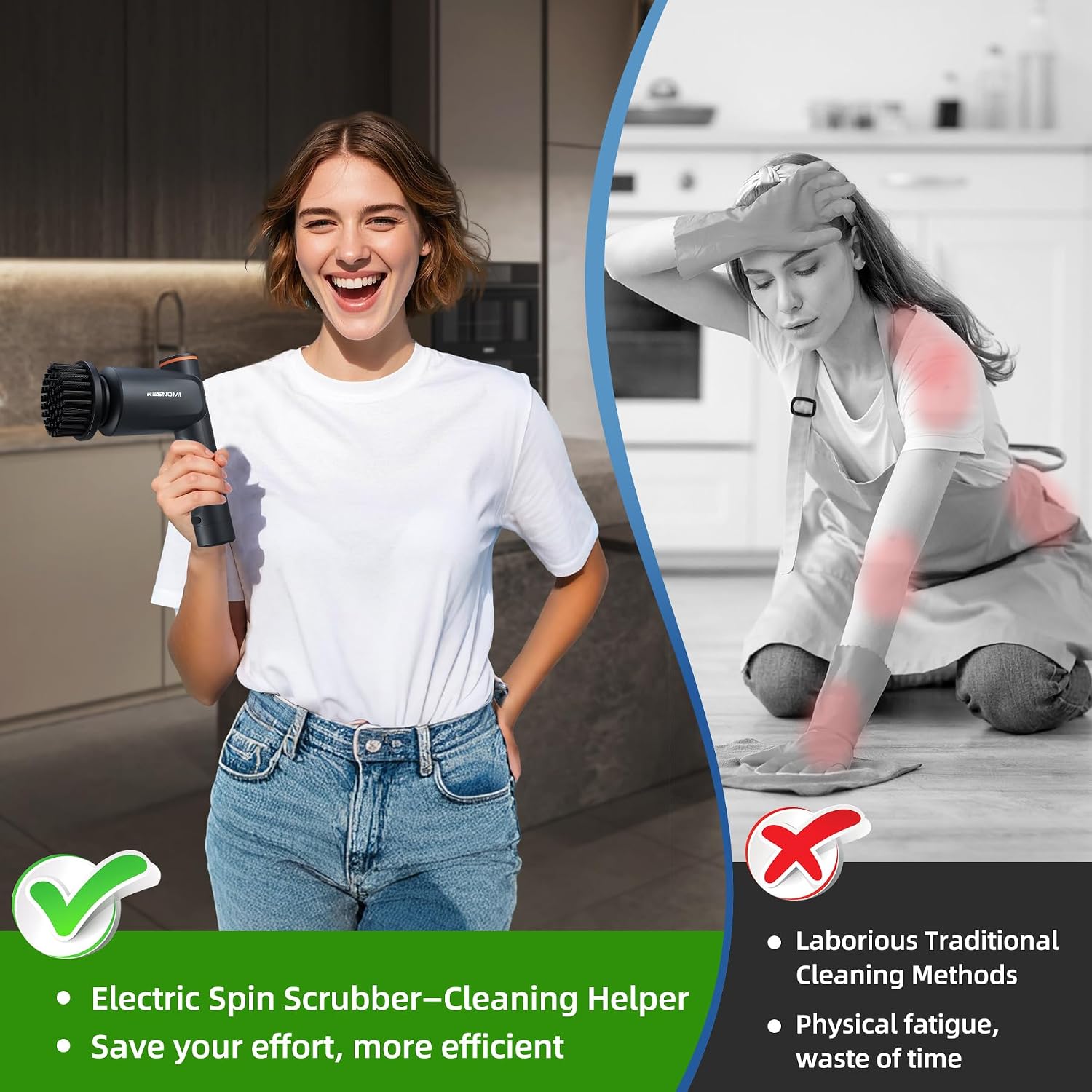 Electric Spin Scrubber, Cordless Shower Scrubber with LCD Display, Upgraded Motor 400/550RPM, 2 Speeds Electric Scrubber with 6 Replaceable Heads