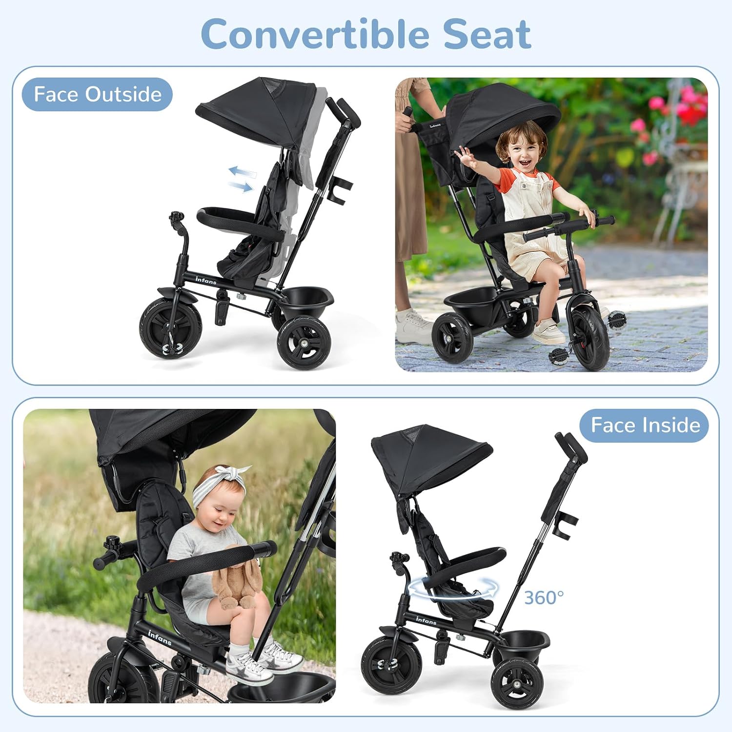 INFANS Kids Tricycle, 6 in 1 Stroll Trike with Adjustable Push Handle, Removable Canopy, Retractable Foot Plate, Lockable Pedal, Detachable Guardrail, Suitable for 10 Months to 5 Years (Blue)