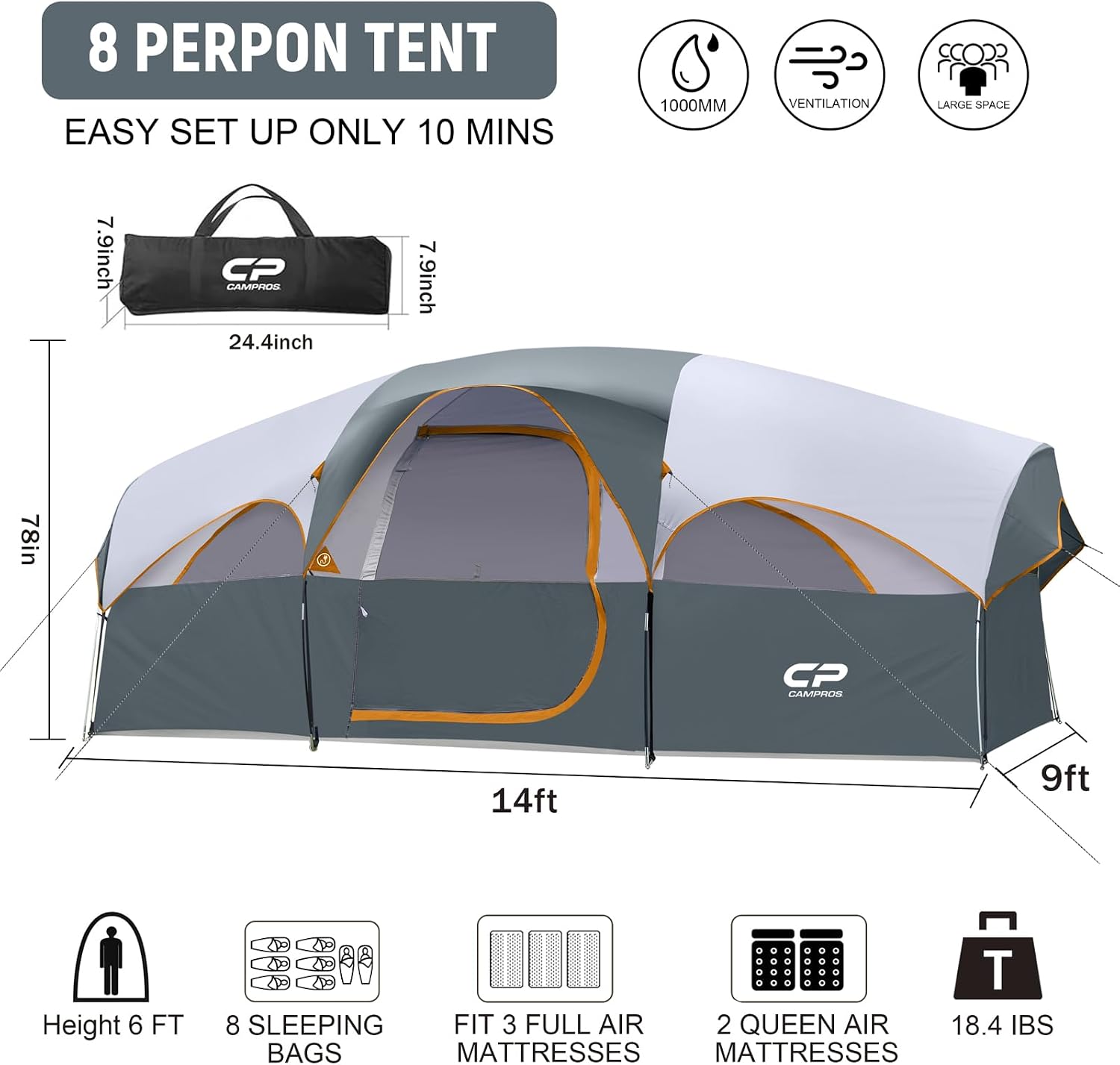 CAMPROS CP 8 Person Camping Tent, Room Divider, Rainfly, Weather Resistant